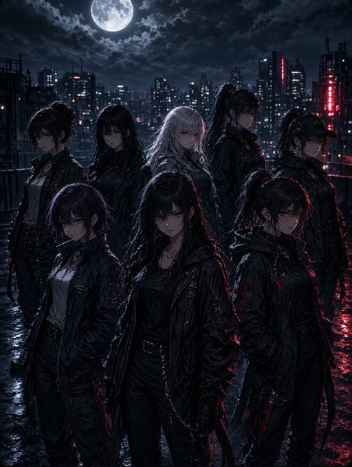 An anime-style illustration of a group of eight female characters in dark tactical clothing standing against a nighttime cityscape with red neon lights and a full moon.