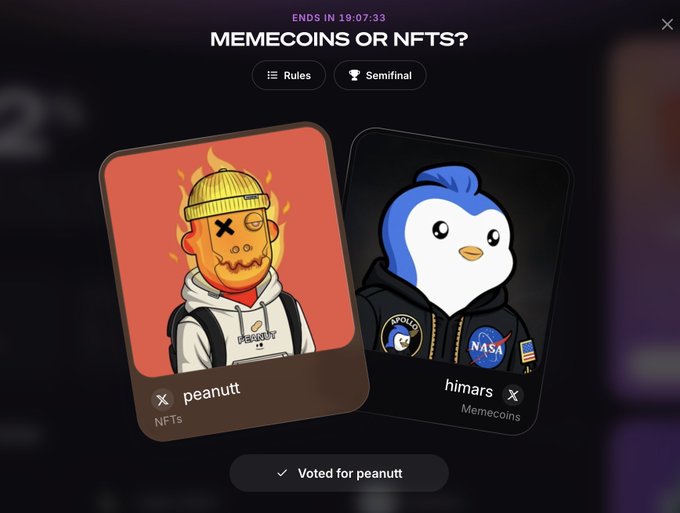 A digital voting poll titled "MEMECOINS OR NFTS?" displays two character cards—"peanut" (NFTs) and "himars" (Memecoins)—with a 19:07:33 countdown and a confirmation that "Voted for peanut," matching the post's declaration of "I VOTED FOR PEANUT" in support of NFTs over memecoins.