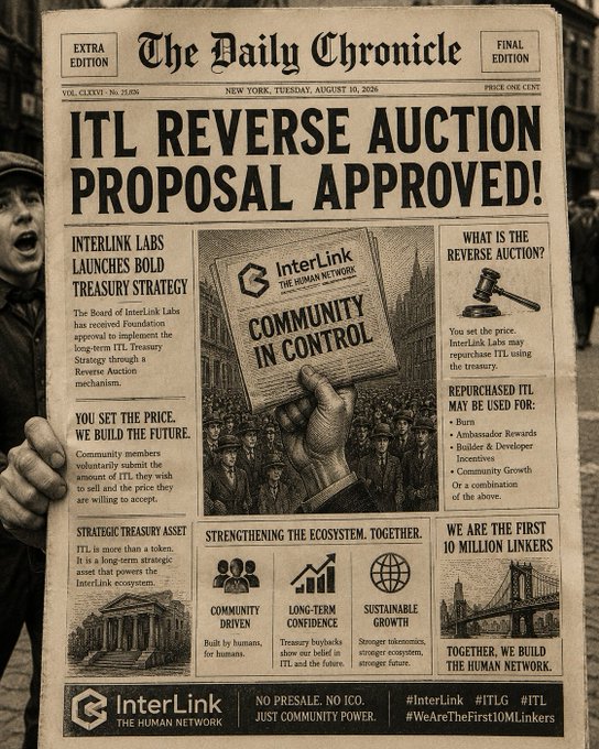 The image showcases a newspaper titled *The Daily Chronicle* with the headline "ITL REVERSE AUCTION PROPOSAL APPROVED!", emphasizing a bold new treasury strategy by InterLink Labs. The accompanying post echoes this with "EXTRA! EXTRA! ITL Reverse Auction: you set the price, the community shapes the future," highlighting the theme of community-driven economic control. Both the paper and post share hashtags like #InterLink, #ITLG, and #WeAreTheFirst10MLinkers, reinforcing the link between the proposal and a sense of collective achievement and future planning.