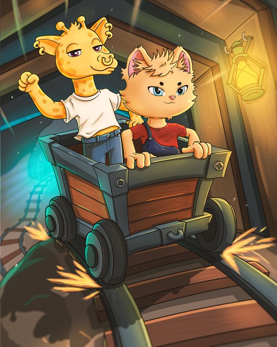 An animated illustration of an anthropomorphic giraffe in a white t-shirt and an anthropomorphic cat in denim overalls riding together in a wooden mine cart down tracks.