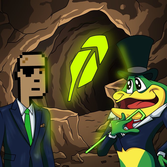 A pixelated figure in a suit stands next to a cartoon frog in a top hat inside a cave, with a glowing green hooded figure emblem between them, tying into the post's reference to "$HOOD" and the mention of "@mickymalka."