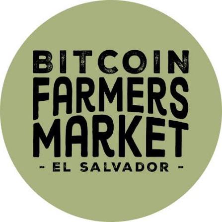 Circular olive green logo with black text reading 'BITCOIN FARMERS MARKET - EL SALVADOR -'.