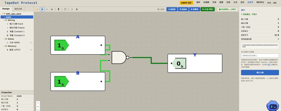 A circuit simulation interface titled 'TapeOut Protocol' showing inputs A and B connected through an AND gate to output Y.