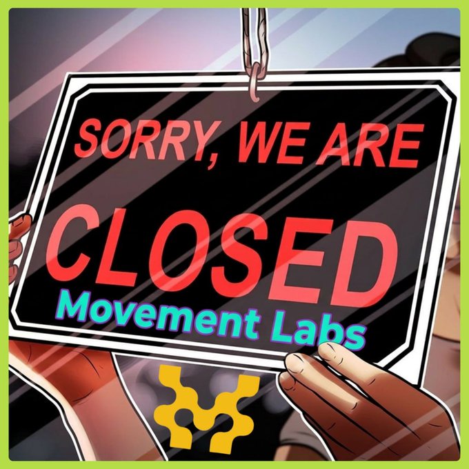 An illustration of hands holding a "SORRY, WE ARE CLOSED" sign in front of a storefront, with "Movement Labs" text and a yellow logo visible.