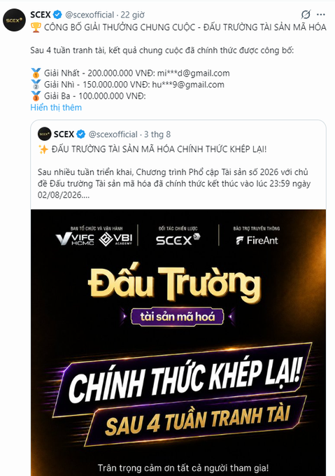A social media post from SCEX announcing winners of a cryptocurrency trading competition called 'Đấu Trường Tài Sản Mã Hóa' with prize amounts of 200,000,000 VND, 150,000,000 VND, and 100,000,000 VND.