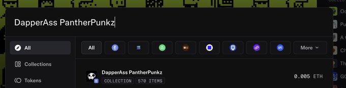 An OpenSea profile page search showing 'DapperAss PantherPunkz' with a collection containing 570 items priced at 0.085 ETH.