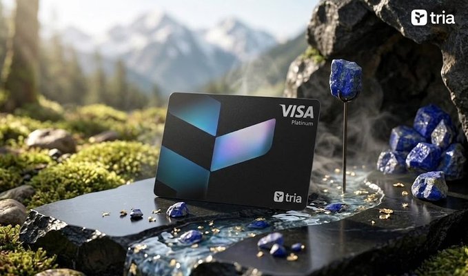 The image features a black Visa card with a blue border and a purple logo, placed on top of a rock formation surrounded by rocks and water. The background includes mountains and trees, creating an outdoor setting for the card display.