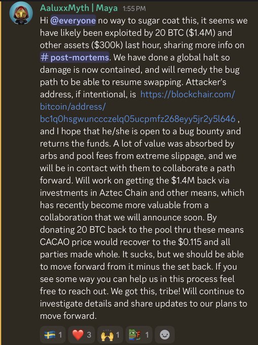 A Discord message from "AaluxxMyth | Maya" announces that Maya DEX was exploited for 20 BTC ($1.4M) and $300k in other assets, stating the damage has been contained via a global halt. The accompanying post references this as another DEX hack contributing to a brutal 2026 for crypto, urging the Maya team to stay strong as they work to recover the funds through Aztec Chain investments.