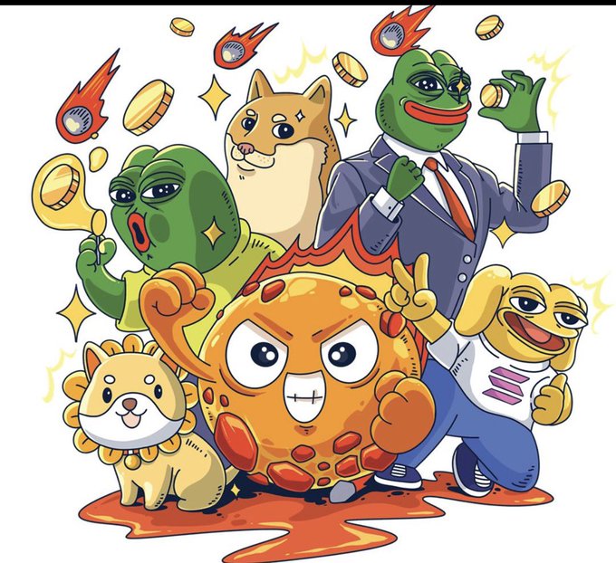 A vibrant cartoon illustration features meme characters including Doge, Pepe the Frog, and other figures surrounded by falling cryptocurrency coins.