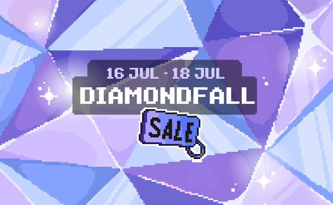 A pixel-art promotional banner with a purple and blue gem-themed background displays "16 JUL - 18 JUL DIAMONDFALL SALE," advertising a limited-time mining event with tiered hashing power bonuses. The gem imagery and "Diamondfall" title visually reinforce the post's offer of escalating mining power (50,000,000 to 7,500,000,000 Gh/s) tied to the sale.