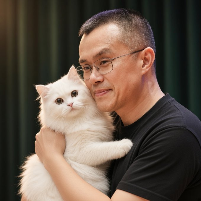 An Asian man with glasses in a black t-shirt holding a fluffy white cat against a dark curtain backdrop.
