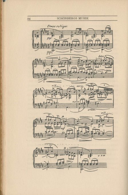 A page of classical sheet music titled 'SCHÖNBERGS MUSIK' with the page number 24 and various musical notations including 'Etwas ruhiger'.