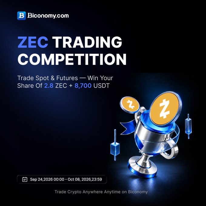 A Biconomy.com promotional graphic announcing a "ZEC TRADING COMPETITION" running from Sep 24, 2026 to Oct 08, 2026, offering a prize pool of 2.8 ZEC + 8,700 USDT, featuring a 3D trophy adorned with Zcash (ZEC) coin logos alongside candlestick chart elements.