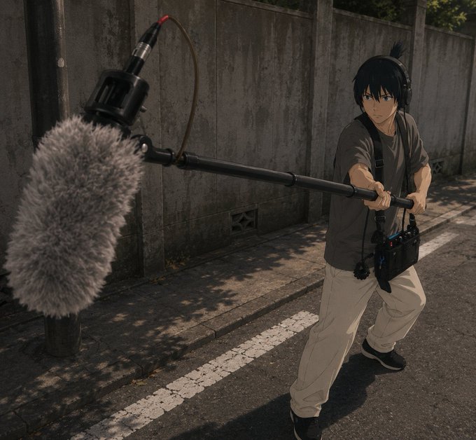 An anime-style illustration shows a person wearing headphones and carrying a boom microphone and audio equipment down a street, with the microphone's fluffy wind cover prominently displayed.