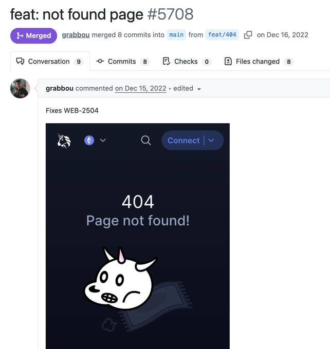A screenshot of a GitHub pull request titled 'feat: not found page #5708' by user grabbou, showing a merged commit and a preview of a '404 Page not found!' error screen with a cartoon unicorn.