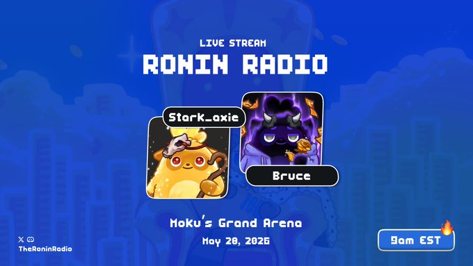 The image shows a poster or banner with two cartoon characters, one yellow and one black, sitting next to each other. The text on the poster reads "Live Stream Ronin Radio Star-Axie Bruce Hoku's Grand Arena May 28, 2016 8:00am EST". This suggests that there is an event happening where Ronin Radio will be live streaming a conversation between two cartoon characters, Star-Axie and Bruce.