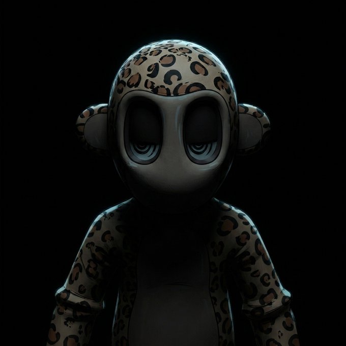 A 3D-rendered figurine of a monkey character wearing a leopard-print hood and shirt, featuring large dark eyes against a black background.