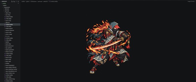 A code editor displays a SVG file of a fantasy warrior character wreathed in flames and wielding a sword, with a file directory on the left side.