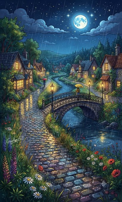 A vibrant illustrated scene of a quaint village at night under a full moon, featuring a stone bridge over a stream, glowing street lamps, cobblestone paths, and surrounding wildflowers.