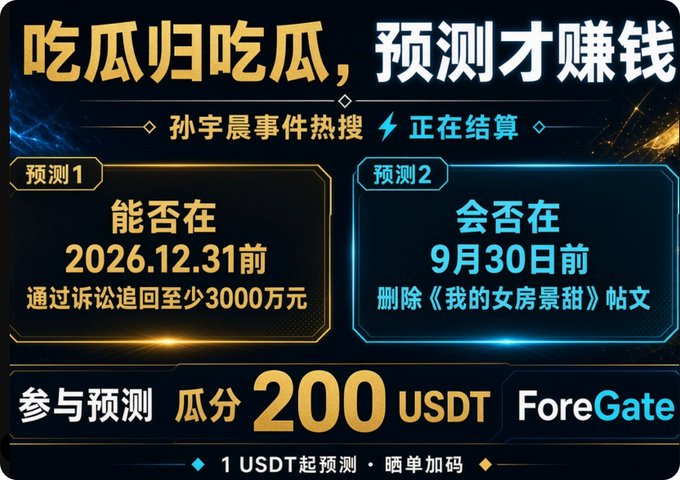 A Chinese promotional banner for a ForeGate prediction event titled '孙宇晨事件热搜' (Sun Yuchen Event Trending), offering to split 200 USDT with predictions about legal recovery and deleting a post by September 30.