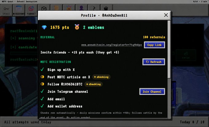 A screenshot of an MBTC Quest Satashi Decryption profile page for user @AnhDaDen011 showing 1675 points and 2 emblems, with checkmarks next to completed registration tasks like "Sign up with X," "Join Telegram channel," "Add email," and "Add wallet address," while tasks to post an MBTC article and follow @1096361BTC remain "checking." The image illustrates the MBTC registration steps referenced in the post for earning points toward future $MBTC token conversion.