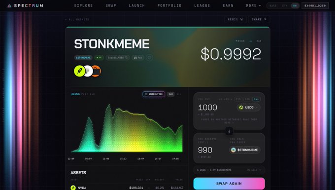 A cryptocurrency trading interface on the Spectrum platform showing the STONKMEME token priced at $0.9992 with a price chart and swap interface.