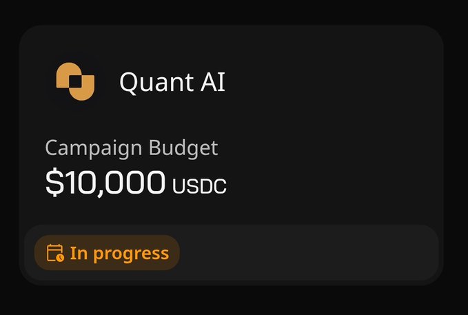 The image shows an advertisement for Quant AI that features a banner with information about the campaign budget, $10,000 USDC, and a progress bar indicating the cost has been paid and is 50% complete. The advertisement highlights the fact that the client, @wallchain, received a reasonable rate of $12 per post compared to other agencies.