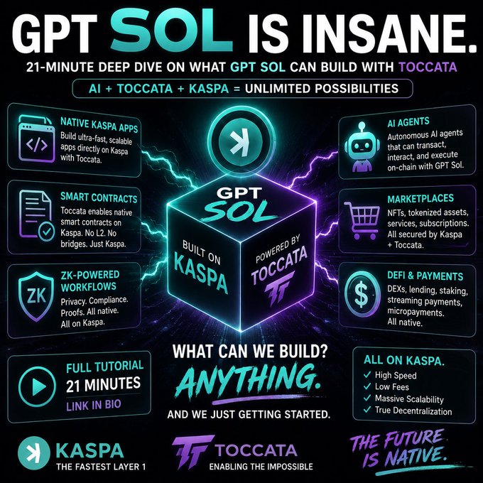 A promotional graphic titled 'GPT SOL IS INSANE' advertises the combination of AI, Toccata, and Kaspa, highlighting features like smart contracts and AI agents.