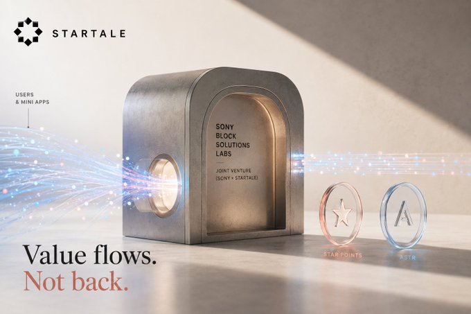 Promotional graphic for STARTALE and Sony Block Solutions Labs joint venture, featuring a metallic vault with text "USERS & MINI APPS" flowing out, and the tagline "Value flows. Not back." with Starpoints and ASTAR tokens shown.