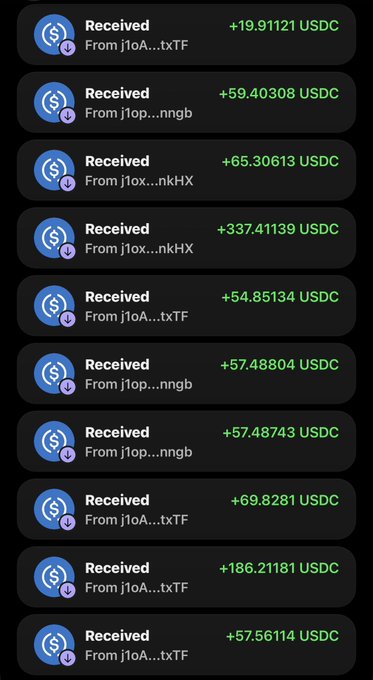 Screenshot of a crypto wallet transaction history showing multiple 'Received' USDC transfers ranging from +19.91 to +337.41 USDC from various wallet addresses with truncated names like 'J1oA...txfF'.