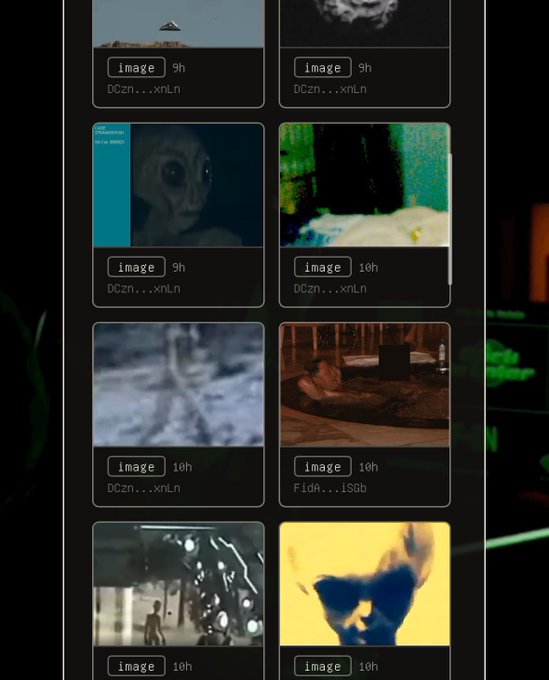 A screenshot displays a grid of eight image thumbnails labeled "image" with timestamps (9h or 10h) and partial file names like "DCzn...xnLn" and "FidA...1S0b," showing cryptic imagery including an alien figure, a dark figure in water, a person at a computer, a stormtrooper-like scene, and an abstract blue and yellow image. The collection illustrates the post's observation of bizarre, unrelated content (aliens, Epstein references, etc.) posted right before opening an "inscription page," suggesting these are the odd images users share.