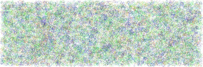 An abstract digital artwork featuring a chaotic web of green, blue, and faint red scribbled lines on a white background.