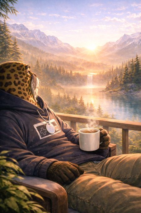 An illustrated scene of a leopard-print hooded figure sitting in a wooden chair holding a steaming mug of coffee, overlooking a serene mountain lake landscape at sunset.