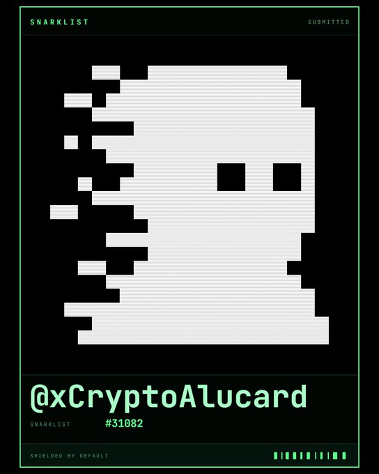 A digital card labeled 'SNARKLIST' features a pixelated ghost design with the handle '@xCryptoAlucard' and the number '#31082' displayed at the bottom.