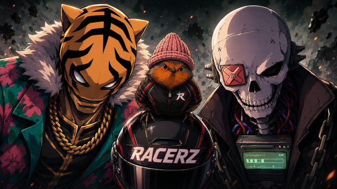 A stylized illustration features three edgy characters: a tiger-masked figure in a fur-lined floral jacket with gold chains, a small orange bird in a pink beanie and racing jacket, and a menacing cyborg skull with an "X" eyepatch and digital readout. The figure in the center wears a black helmet branded with the text "RACERZ," visually reinforcing the post's promotion of the $RACERZ token, while the overall grim, rebellion-themed aesthetic mirrors the post's message about an emerging force rising "from the trenches."