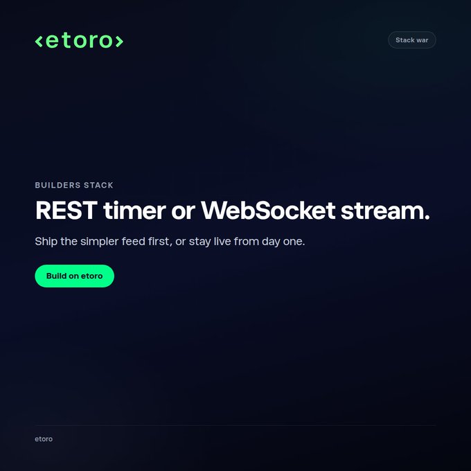 A dark promotional graphic for eToro with the text 'BUILDERS STACK', 'REST timer or WebSocket stream. Ship the simpler feed first, or stay live from day one.', and a green 'Build on etoro' button.