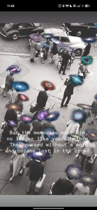 A black-and-white street photo of a crowd with their faces replaced by colorful galaxy/portal images, overlaid with the poetic text: 'But the memories were dim, no longer like years before. They passed without a word and became lost in the crowd.'