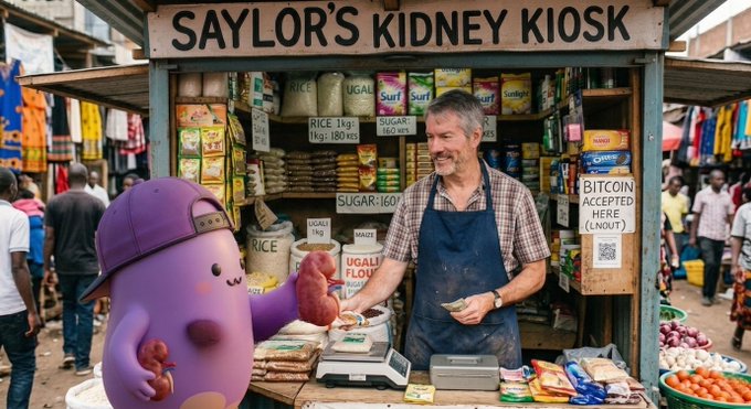 The image shows a man standing behind a counter, selling items such as rice and sugar. A purple character with a hat is also present in the scene. The man appears to be wearing an apron while interacting with customers at his small market stall. In front of him, there are various products displayed for sale, including a sign that reads "selling my kidney to buy bitcoin". This unusual combination of items suggests that the man might be involved in some sort of underground or underground economy where he is exchanging his kidney for Bitcoin.

The post also mentions an event happening on weekends and includes text about a business at weekends. The image does not provide enough information to determine if this event is related to the man selling his kidney, but it could potentially be connected to the unusual circumstances surrounding the sale of his kidney in exchange for Bitcoin.