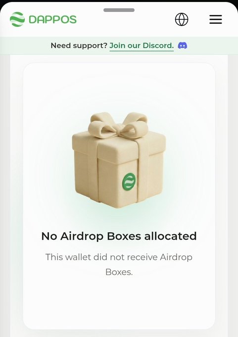 A mobile screenshot from DAPPOS showing a gift box icon with the text 'No Airdrop Boxes allocated - This wallet did not receive Airdrop Boxes.'