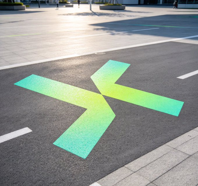 A glowing green-yellow "X" is painted on asphalt in an open plaza, with pedestrians and planters visible in the sunlit background. The bold "X" symbolizes the crossroads or dead end where current AI systems stall—highlighting that, as TermiX (@termix_ai) notes, the real challenge lies beyond generating responses, in the unresolved questions of verification, payment, and accountability that follow.