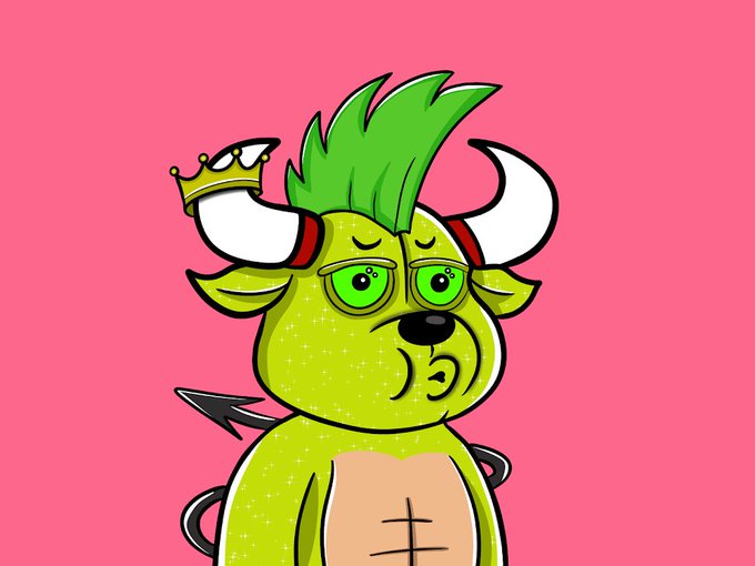 A cartoon illustration of a green bull-like character with horns, a crown, green spiky hair, and glasses against a pink background.