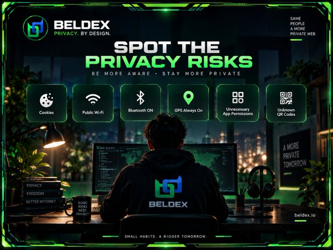 A BELDEX cybersecurity advertisement titled "SPOT THE PRIVACY RISKS" displays icons for Cookies, Public Wi-Fi, Bluetooth, GPS, App Permissions, and QR Codes above a hooded figure at a computer.