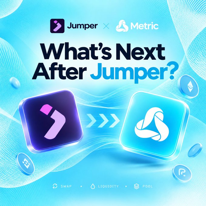 A blue promotional graphic reads “Jumper × Metric” and “What’s Next After Jumper?” with Jumper and Metric logos, arrows, coin-like tokens, and the words “SWAP,” “LIQUIDITY,” and “POOL.”