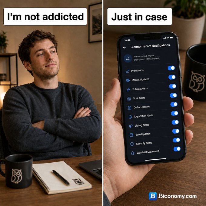 A split image shows a man with crossed arms captioned "I'm not addicted" alongside a phone displaying Biconomy.com notifications with all alerts toggled on under the caption "Just in case," humorously illustrating the obsessive crypto trading behavior referenced in the post.