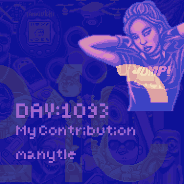 A retro pixel-art style image in purple tones featuring a woman and the text 'DAY:1093', 'MyContribution', and 'manytle'.