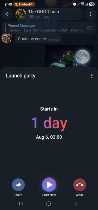 A smartphone screenshot of a Telegram voice chat titled "The GOOD coin" scheduled for a "Launch party", starting in 1 day on Aug 6, 03:00.