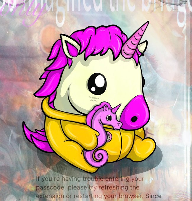 A stylized cartoon illustration of a white unicorn with bright pink hair and horn, holding a smaller pink unicorn, set against a blurred, textured background. This promotional graphic supports a giveaway for 50 WL spots for a hyped NFT collection with a total supply of 5,555 on the ETH network.