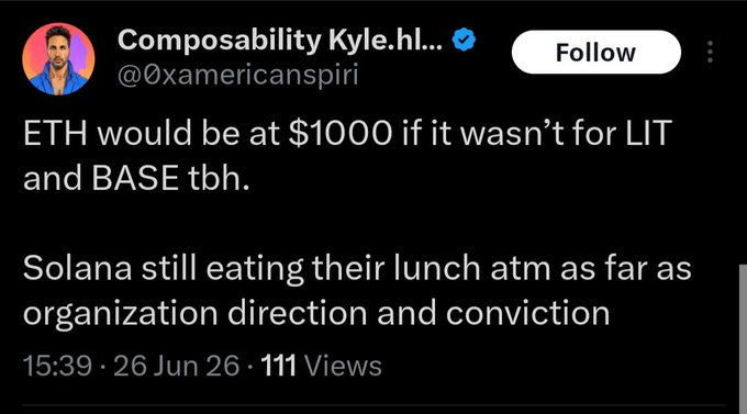 A tweet from "Composability Kyle.hl..." (@0xamericanspiri) reading "ETH would be at $1000 if it wasn't for LIT and BASE tbh. Solana still eating their lunch atm as far as organization direction and conviction" (posted 15:39, 26 Jun 26, 111 views), and the image's baseless, speculative claim about ETH's price echoes the post's mocking observation about attributing Kyle's existence to the wrong parent.