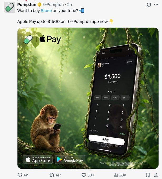Pump.fun’s official account says, “Want to buy $fone on your fone?” alongside “Apple Pay up to $1500 on the Pumpfun app now.” The image promotes Pumpfun and Apple Pay with a $1,500 “Acquire fone” purchase screen, visually reinforcing the post’s claim that Pump is using FONE-related symbols and messaging.