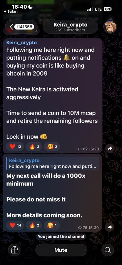 A Telegram channel post from 'Keira_crypto' (269 subscribers) promoting their coin with claims of being 'like buying bitcoin in 2009' and promising a '1000x minimum' return.